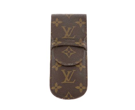 Louis Vuitton, a monogram pen / glasses case, featuring a monogram coated canvas exterior, a slot flap closure, and a beige m