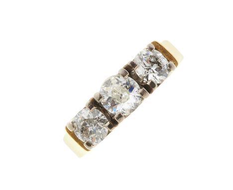An 18ct gold circular-cut diamond three-stone ring, with slightly tapered band, estimated total diamond weight 1.50ct, J-K co