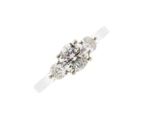 An 18ct gold brilliant-cut diamond three-stone ring, estimated total diamond weight 1.05ct, principal diamond with report by 