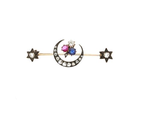 A late Victorian silver and gold, ruby, sapphire and old-cut diamond shamrock brooch, with rose-cut diamond crescent surround