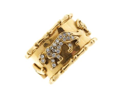 An 18ct gold band ring, with a series of pave-set diamond big cat overlays, estimated total diamond weight 0.60ct, ring size 