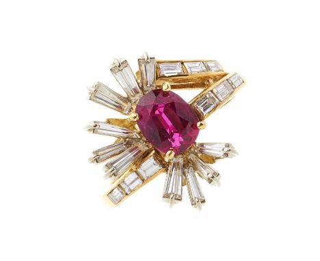 An 18ct gold ruby and rectangular-shape diamond dress ring, with calibre-cut diamond asymmetric shoulders, ruby estimated wei