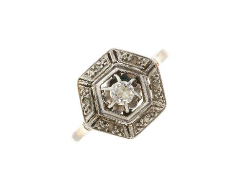 An Art Deco circular-cut diamond dress ring, with rose-cut diamond accent hexagonal surround, principal diamond estimated wei