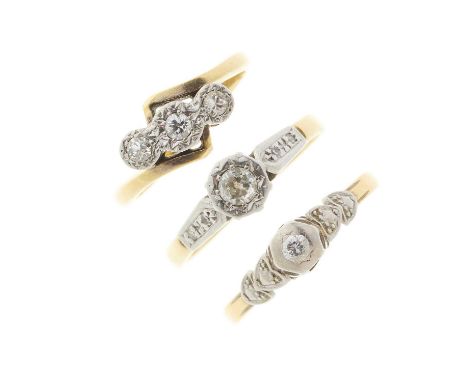 Three 18ct gold and platinum circular-cut diamond rings, estimated total diamond weight 0.30ct, marks to indicate 18ct gold, 