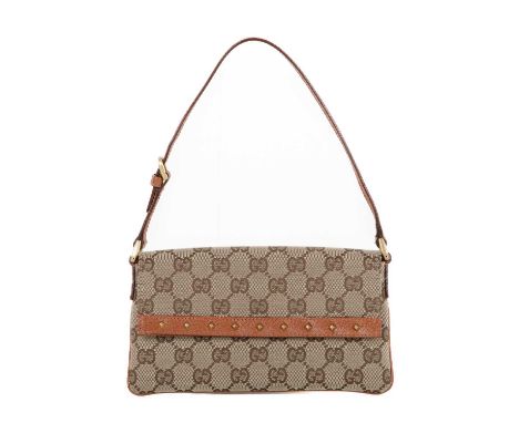 Gucci, a studded Pochette Flap bag, featuring the maker's GG canvas exterior, with a thin leather adjustable handle, top flap