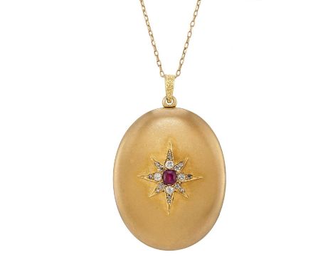 A late Victorian 15ct gold ruby and old and rose-cut diamond locket pendant, suspended from a 9ct gold chain of similar age, 