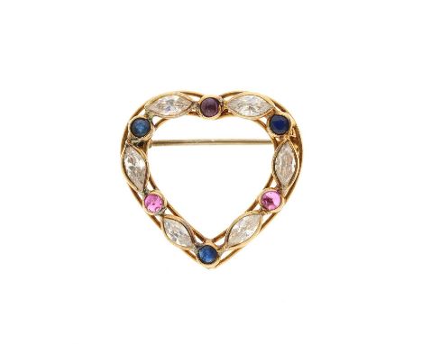 An 18ct gold ruby, sapphire and cubic zirconia heart-shape brooch, stamped 750, Italian marks, length 2.3cm, 2.7gOverall good