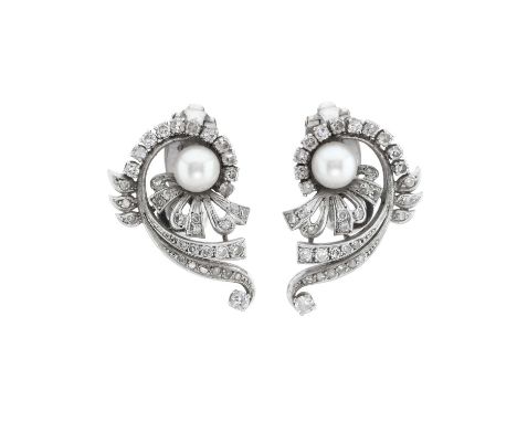 A pair of mid 20th century cultured pearl and circular-cut diamond swirl clip earrings, estimated total diamond weight 1ct, c