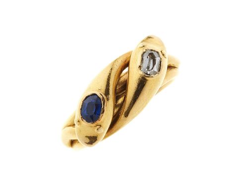 A late Victorian 18ct gold diamond and sapphire double snake ring, with grooved band, diamond estimated weight 0.15ct, H-I co