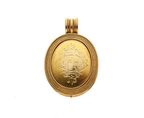 A 19th century 18ct gold engraved locket pendant, with motto 'Ad Foedera Cresco' for the Oliver family crest, opening to reve