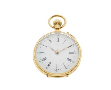 A late 19th century gold open face pocket watch, with engraved reverse, case numbered 77864, keyless manual wind movement, to