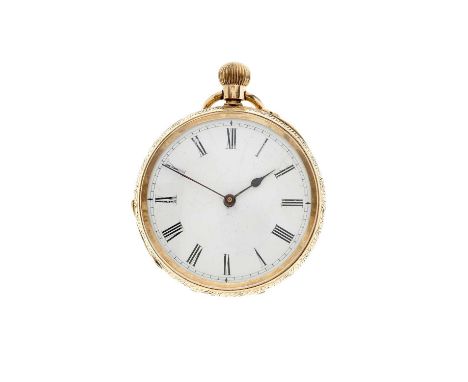A late 19th century 14ct gold open face pocket watch, with engraved reverse, case numbered 65933, keyless manual wind movemen
