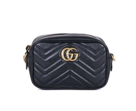Gucci, a Mini Matelasse Marmont camera handbag, crafted from chevron quilted black leather, with brushed gold-tone hardware, 