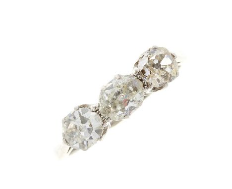 An Art Deco platinum old-cut diamond three-stone ring, estimated total diamond weight 1ct, H-J colour, VS2-P1 clarity, band s