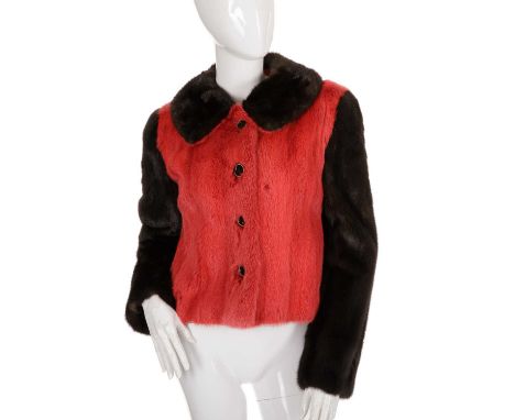 A two-tone red and dark ranch mink jacket, featuring a short collar, front button fastening, and one inner side pocket, label