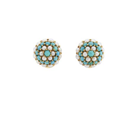 A pair of 18ct gold turquoise and pearl clip earrings, stamped 750, Italian marks, diameter 1.4cm, 8.5gOverall good condition