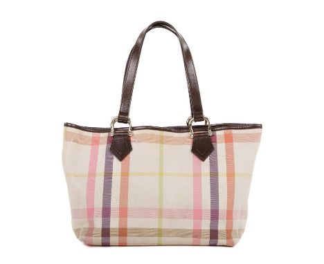 Burberry, a multicoloured canvas tote bag, featuring the maker's pastel check canvas exterior, with smooth brown leather trim