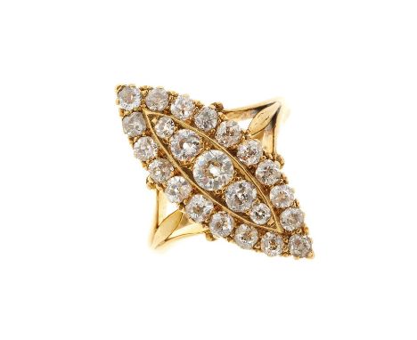 An Edwardian 18ct gold old-cut diamond marquise-shape cluster dress ring, with stylised fleur-de-lys shoulders, estimated tot