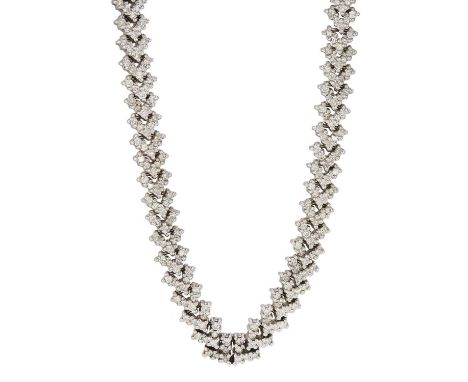 A 14ct gold brilliant-cut diamond chevron-link necklace, with partially concealed push piece clasp, estimated total diamond w
