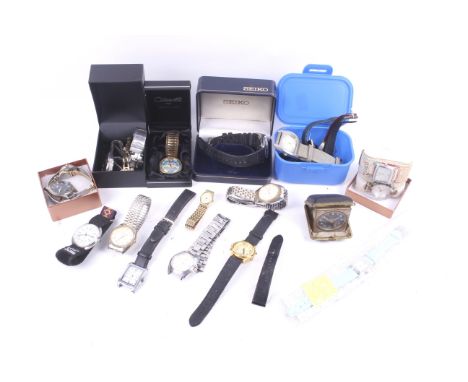 A collection of watches and watch boxes. Including Seiko, Fossil, Ingersoll, a Russian example with airplane to the face, an 
