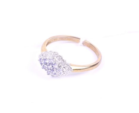 A modern 9ct white and yellow gold, tanzanite and diamond lozenge-shaped cluster ring. size S, 2.7g gross