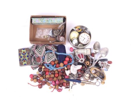 A small group of costume jewellery, badges and two pocket watches. Including an enamel box, a small bust of Queen, badges, be