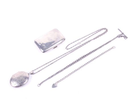 A small group of silver and white metal items. Comprising a silver small cigarette case, hallmarks for Birmingham 1910, maker