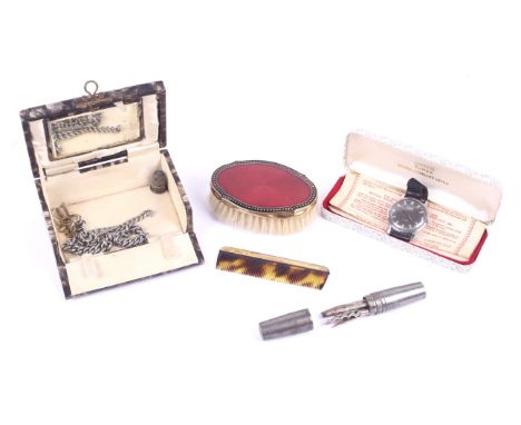 An enamel travel dress set and other items. The dress set comprising a red enamel brush and a comb in a box, an Albert chain,