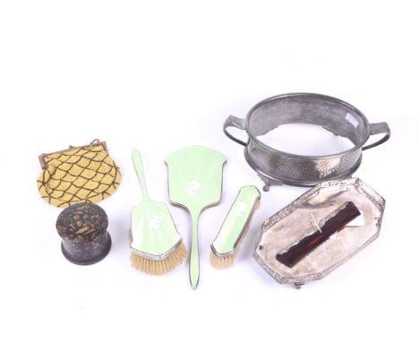 A group of vintage silver and silverplate and other items. Comprising a set of two brushes and a mirror mounted in silver and