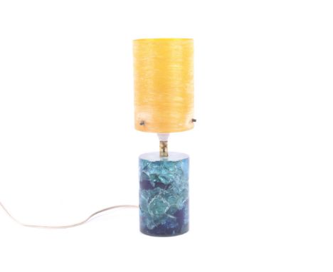 A mid-century turquoise Prova Shatterline cylinder lamp and shade. Total H34cm
