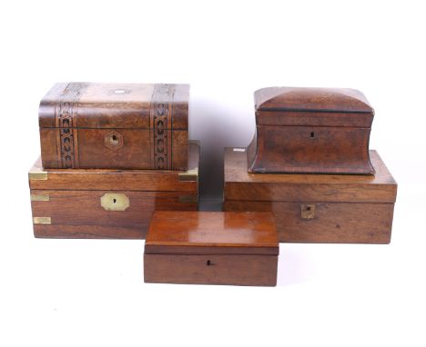 Five Victorian and later boxes. Including a burr wood sewing box with inlaid wood and mother of pearl decoration to the exter