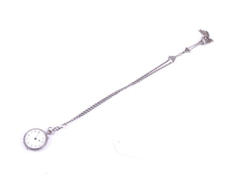 A ladies white metal fob watch and Albertina chain. The watch having a white enamel dial with Arabic numerals, the heavily en