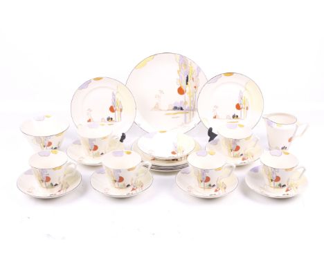 A Tams Ware 'Woodland' Art Deco tea service. Consisting of six trios, sugar bowl and milk jug, etc. Max. H9cm