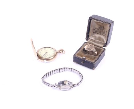 A small group of gold plated and other items. Including a gold plated engraved signet ring, boxed, a gold plated engraved poc