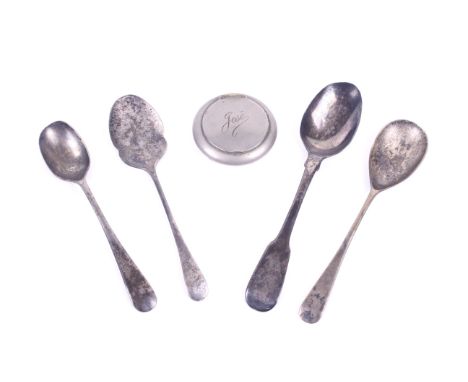 Four George IV and later silver teaspoons and a nickel cased round compact. The teaspoons weighing 71.6g., the compact engrav