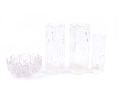 A group of four mid century 'Ravenhead' textured art glass items. Including a pair of vases H21cm, a smaller vase H17cm and a