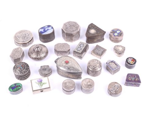 A collection of silver and white metal small boxes. Including a hinged example with repousse decoration of figures, marked AL