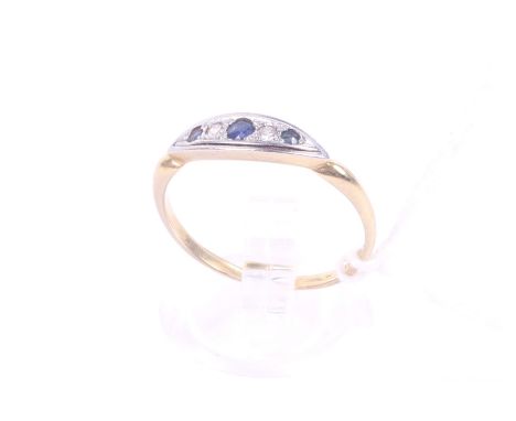 A Ewardian diamond and sapphire ring. Three round faceted sapphires of 0.15 carats estimated total weight and two single cut 