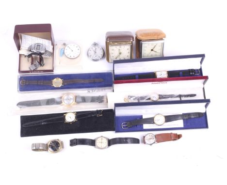 A group of vintage and modern wrist watches. Including Timex, Alpen, Montine, Margi, a cased vintage Smiths bedside alarm clo