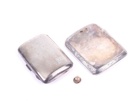 Two silver cigarette cases and a gold dress stud. One with engine turned decoration and monogram to lid, hallmarks for Birmin