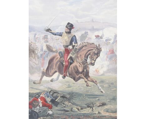 Harry Payne (1858-1927), print, 'Charge of the Light Brigade'. Depicting men on horseback during a battle scene, 59cm x 44cm,