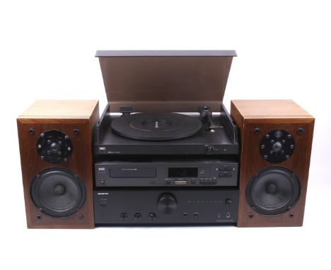 A selection of Hi-Fi and two speakers. Comprising a NAD 5120 stereo turntable, NAD 5220 Compact Disc Player, a Onkyo A90-10 a