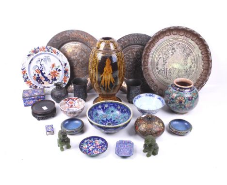 An assortment of oriental and Eastern items. Including three circular copper trays with engraved and embossed decoration, a p