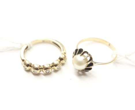 A 9ct gold and small diamond five stone ring and a cultured pearl single stone ring. The diamond ring size L, the pearl ring 