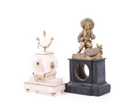 Two mantel clock cases. Comprising a slate case topped with a gilt metal figure of a boy farming, H41cm x W24cm x D13.5cm, an
