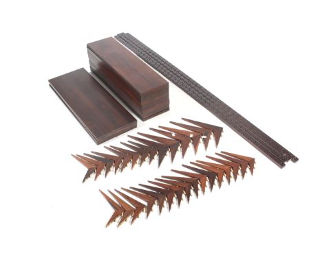 Two sets of Danish-made mid-century modular bookcase shelving. Consisting of four wall mounts (202cm x 3.5cm), a quantity of 