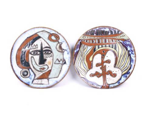 Two late 20th century large studio art pottery semi abstract chargers. One inscribed 'B11' to base otherwise unmarked. Diamet