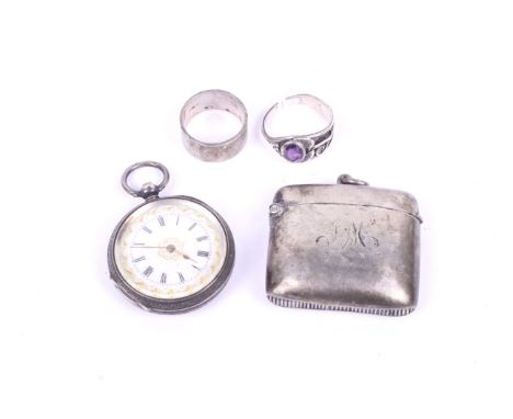 A silver vesta case, ladies fob watch and two rings. The vesta with hallmarks for Birmingham 1902; the fob watch with Roman n