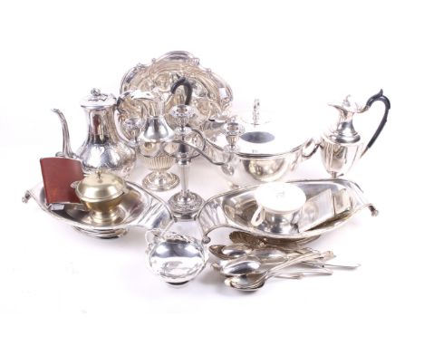 A quantity of silverplate. Including serving dishes, cigarette cases, coffee pot, candlestick, flatware, etc. 