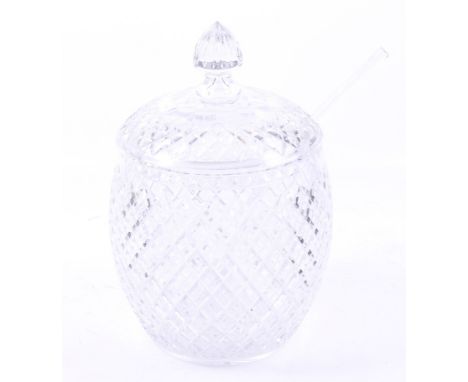 A contemporary glass punch bowl with lid and ladle. Of bulbous form and having moulded decoration to the exterior. H33cm